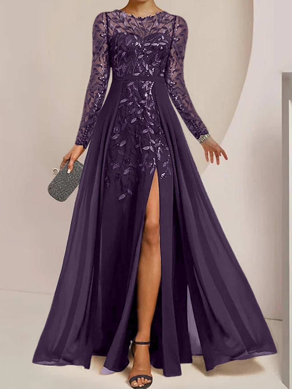 Vestidos de corte princesa/línea A para la madre de la novia, largos hasta el suelo, con abertura lateral, volantes y lentejuelas. 