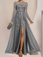 Vestidos de corte princesa/línea A para la madre de la novia, largos hasta el suelo, con abertura lateral, volantes y lentejuelas. 