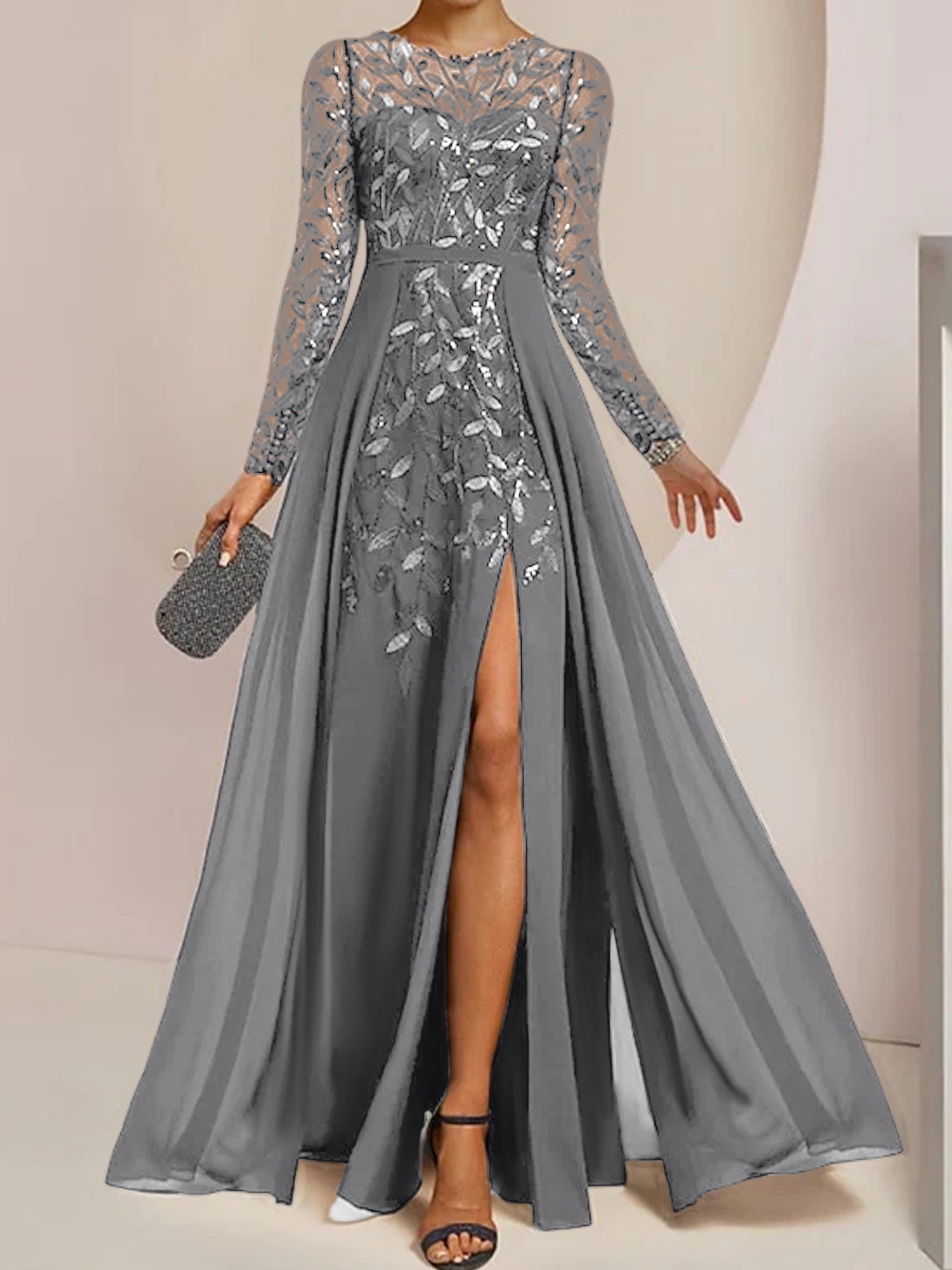 Vestidos de corte princesa/línea A para la madre de la novia, largos hasta el suelo, con abertura lateral, volantes y lentejuelas. 