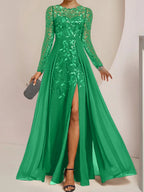 Vestidos de corte princesa/línea A para la madre de la novia, largos hasta el suelo, con abertura lateral, volantes y lentejuelas. 