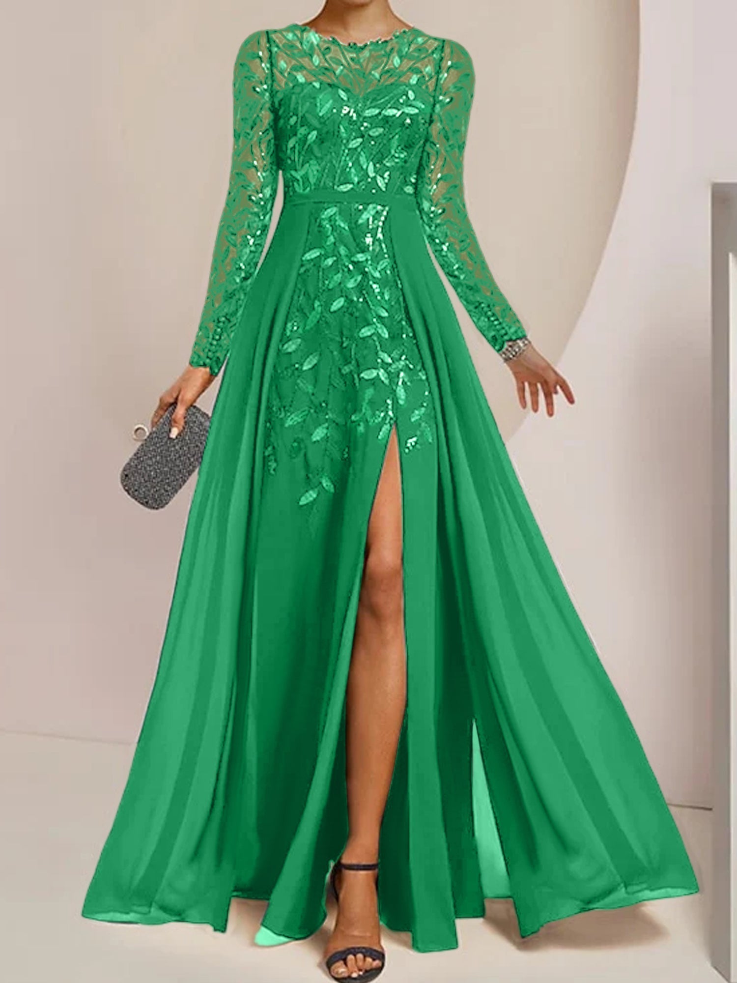 Vestidos de corte princesa/línea A para la madre de la novia, largos hasta el suelo, con abertura lateral, volantes y lentejuelas. 