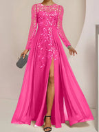 Vestidos de corte princesa/línea A para la madre de la novia, largos hasta el suelo, con abertura lateral, volantes y lentejuelas. 