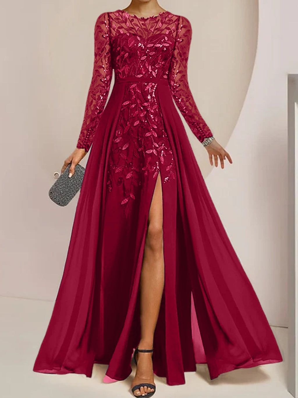 Vestidos de corte princesa/línea A para la madre de la novia, largos hasta el suelo, con abertura lateral, volantes y lentejuelas. 