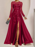 Vestidos de corte princesa/línea A para la madre de la novia, largos hasta el suelo, con abertura lateral, volantes y lentejuelas. 