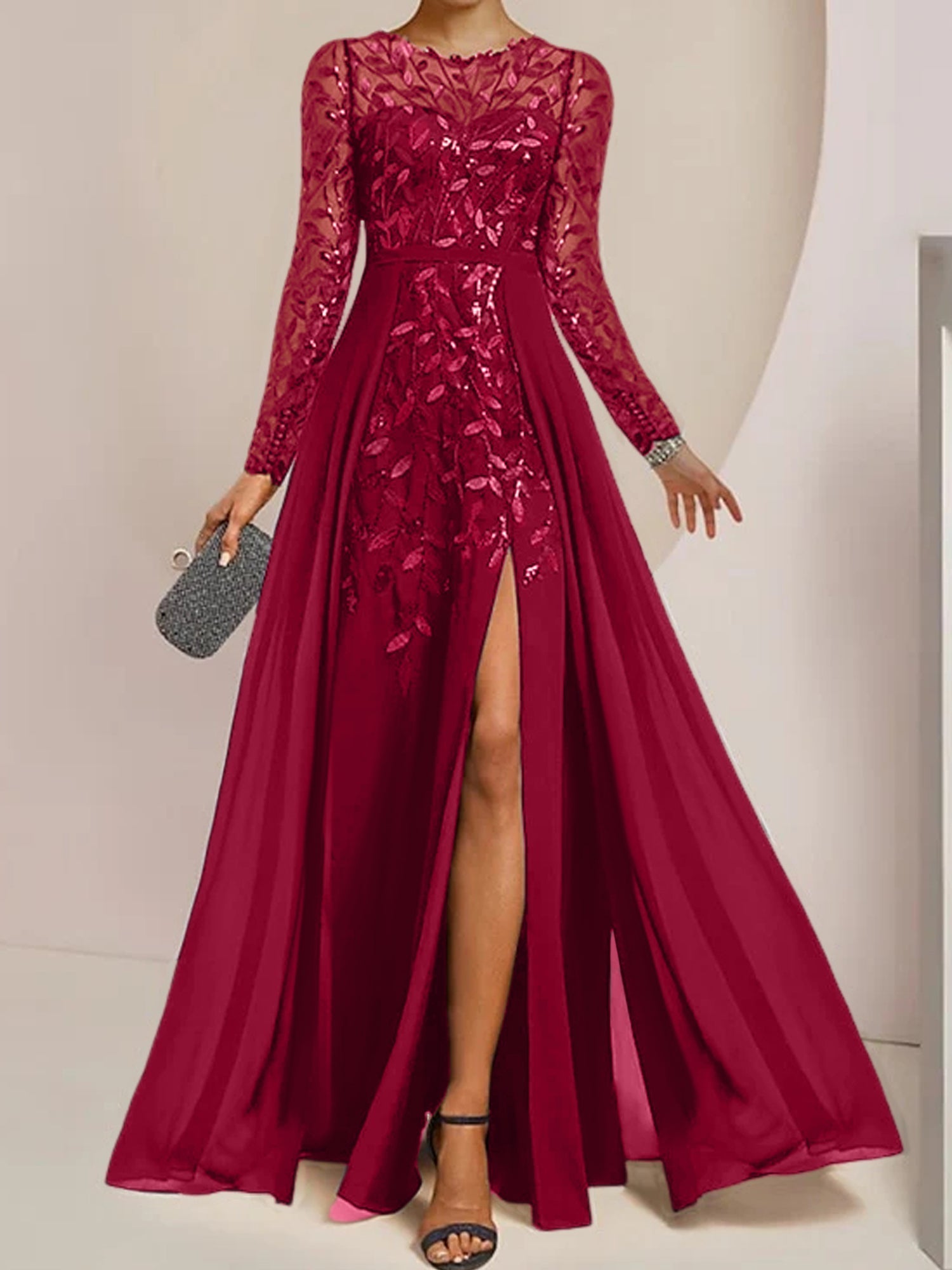 Vestidos de corte princesa/línea A para la madre de la novia, largos hasta el suelo, con abertura lateral, volantes y lentejuelas. 