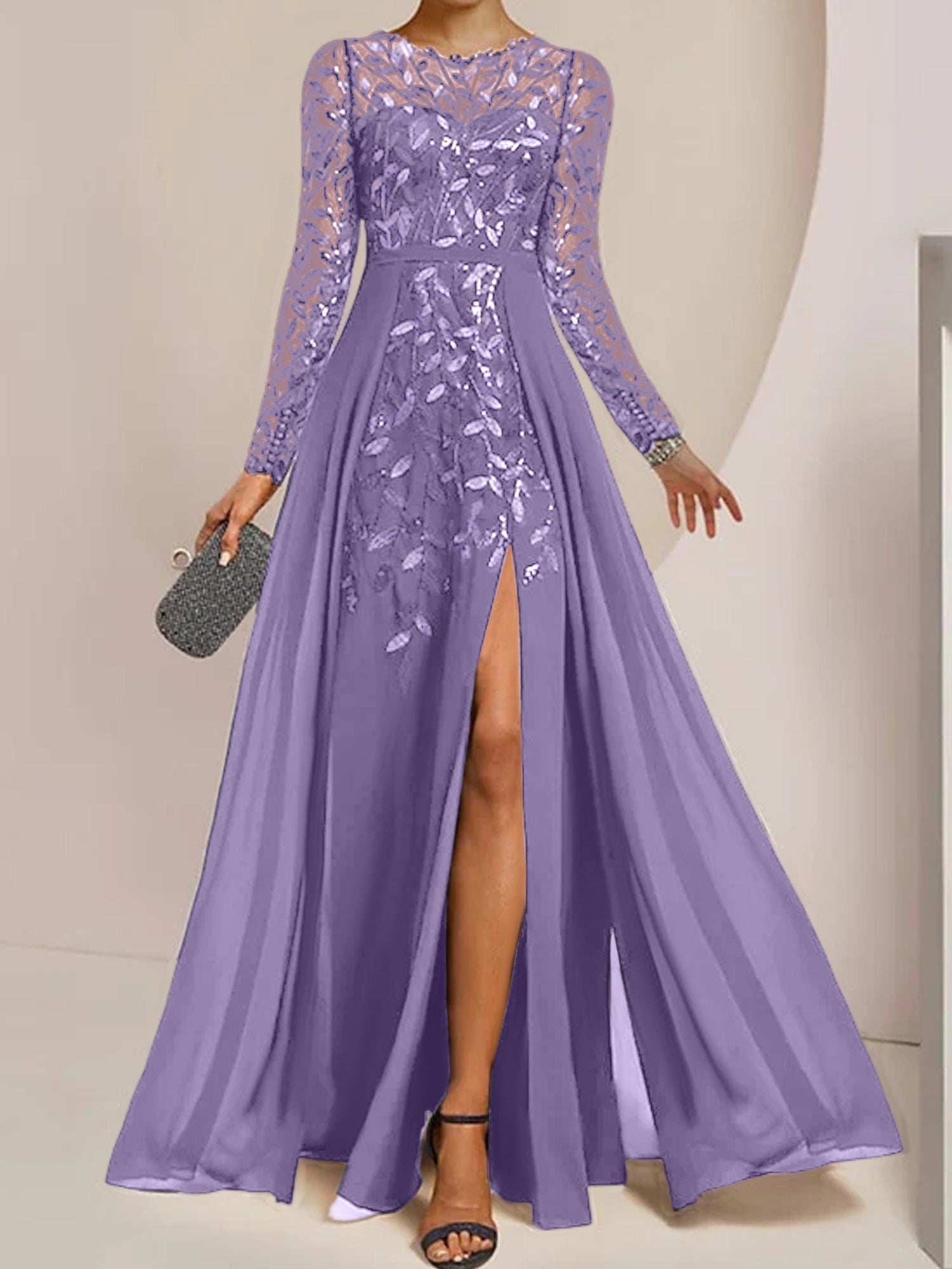 Vestidos de corte princesa/línea A para la madre de la novia, largos hasta el suelo, con abertura lateral, volantes y lentejuelas. 