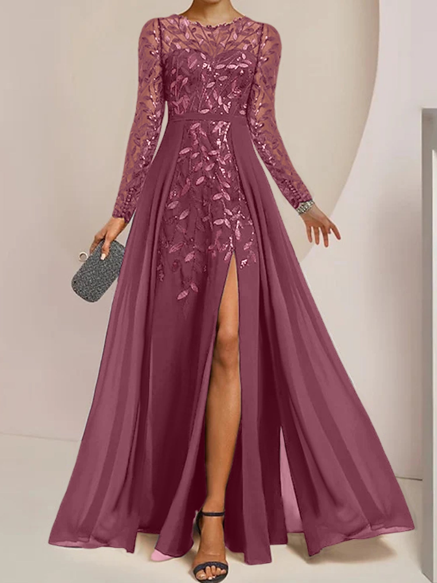 Vestidos de corte princesa/línea A para la madre de la novia, largos hasta el suelo, con abertura lateral, volantes y lentejuelas. 