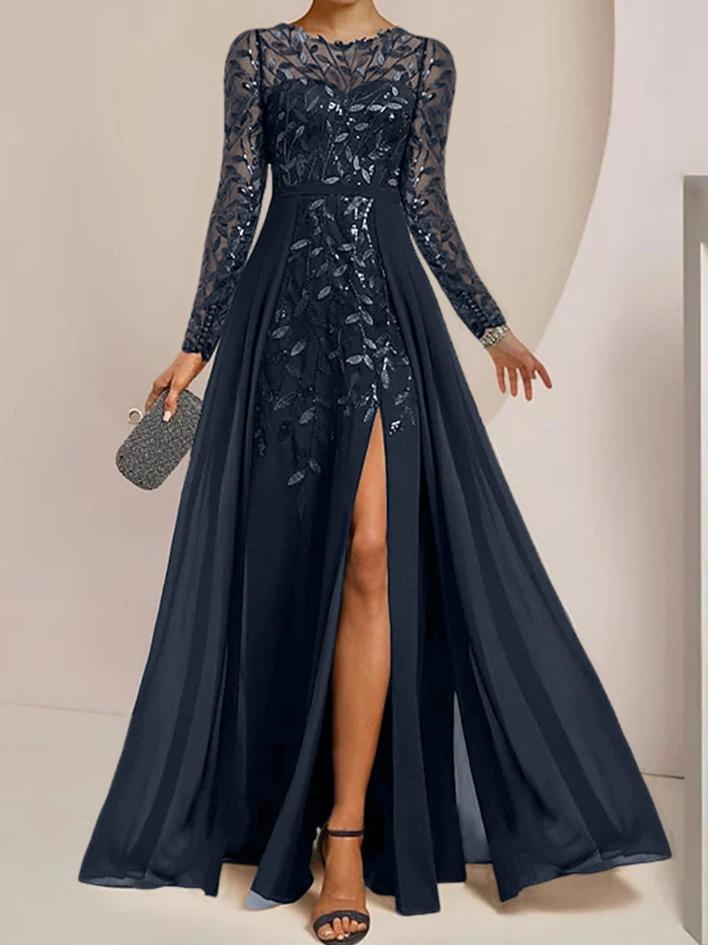 Vestidos de corte princesa/línea A para la madre de la novia, largos hasta el suelo, con abertura lateral, volantes y lentejuelas. 