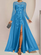Vestidos de corte princesa/línea A para la madre de la novia, largos hasta el suelo, con abertura lateral, volantes y lentejuelas. 