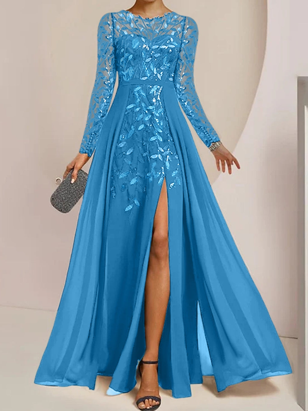 Vestidos de corte princesa/línea A para la madre de la novia, largos hasta el suelo, con abertura lateral, volantes y lentejuelas. 