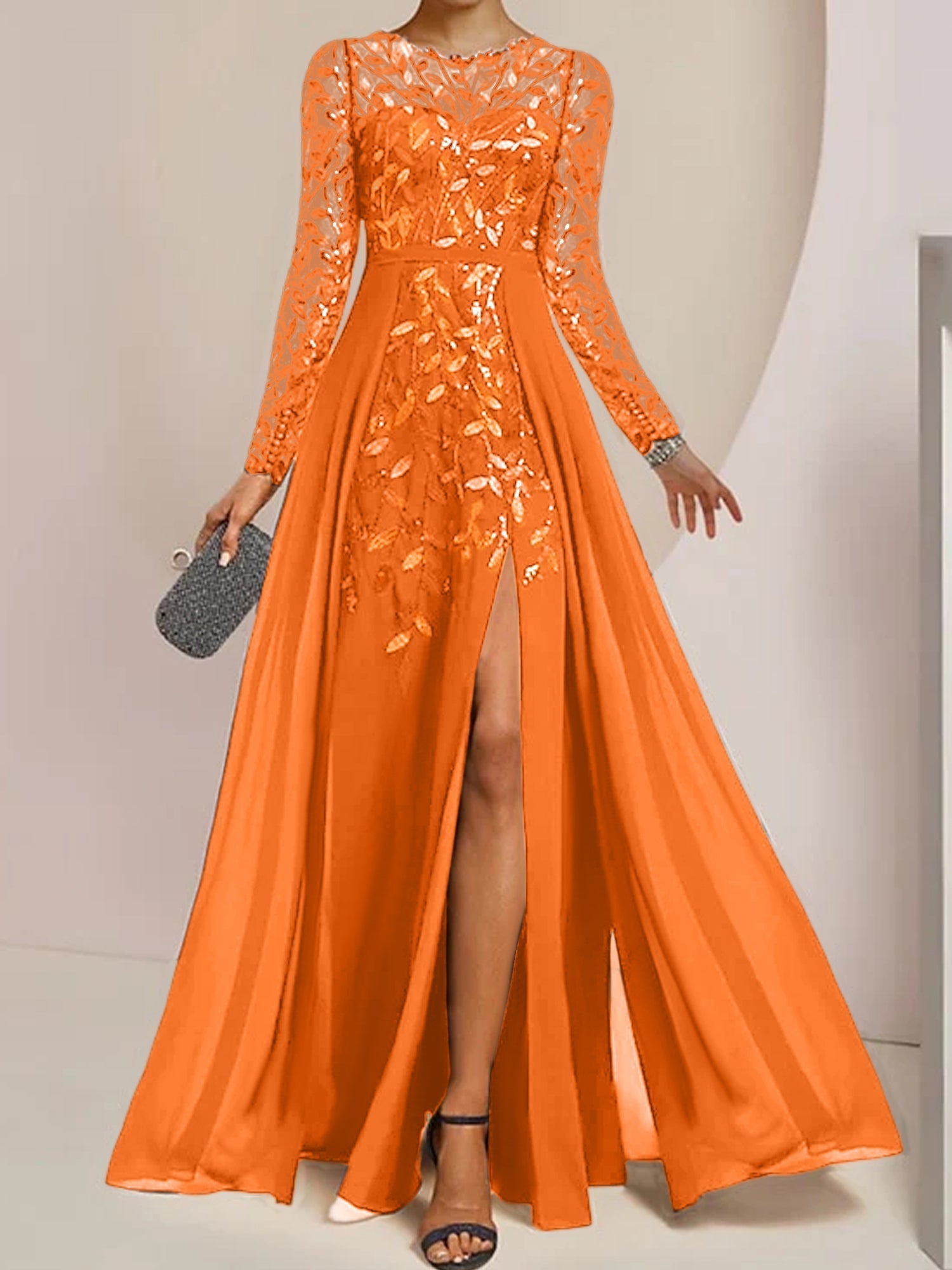 Vestidos de corte princesa/línea A para la madre de la novia, largos hasta el suelo, con abertura lateral, volantes y lentejuelas. 