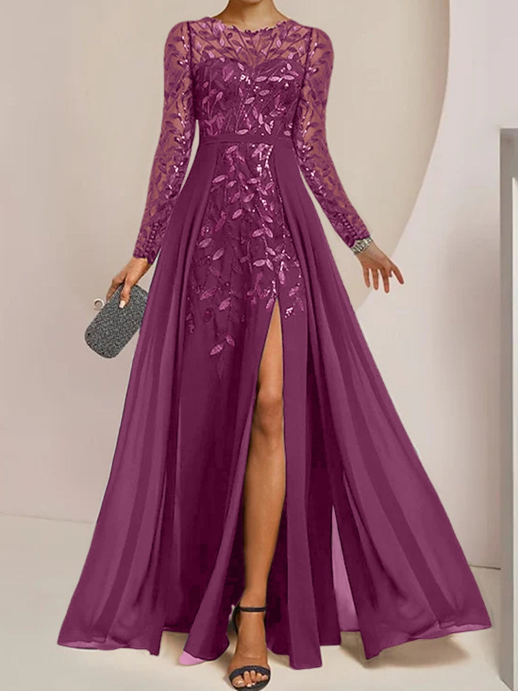 Vestidos de corte princesa/línea A para la madre de la novia, largos hasta el suelo, con abertura lateral, volantes y lentejuelas. 
