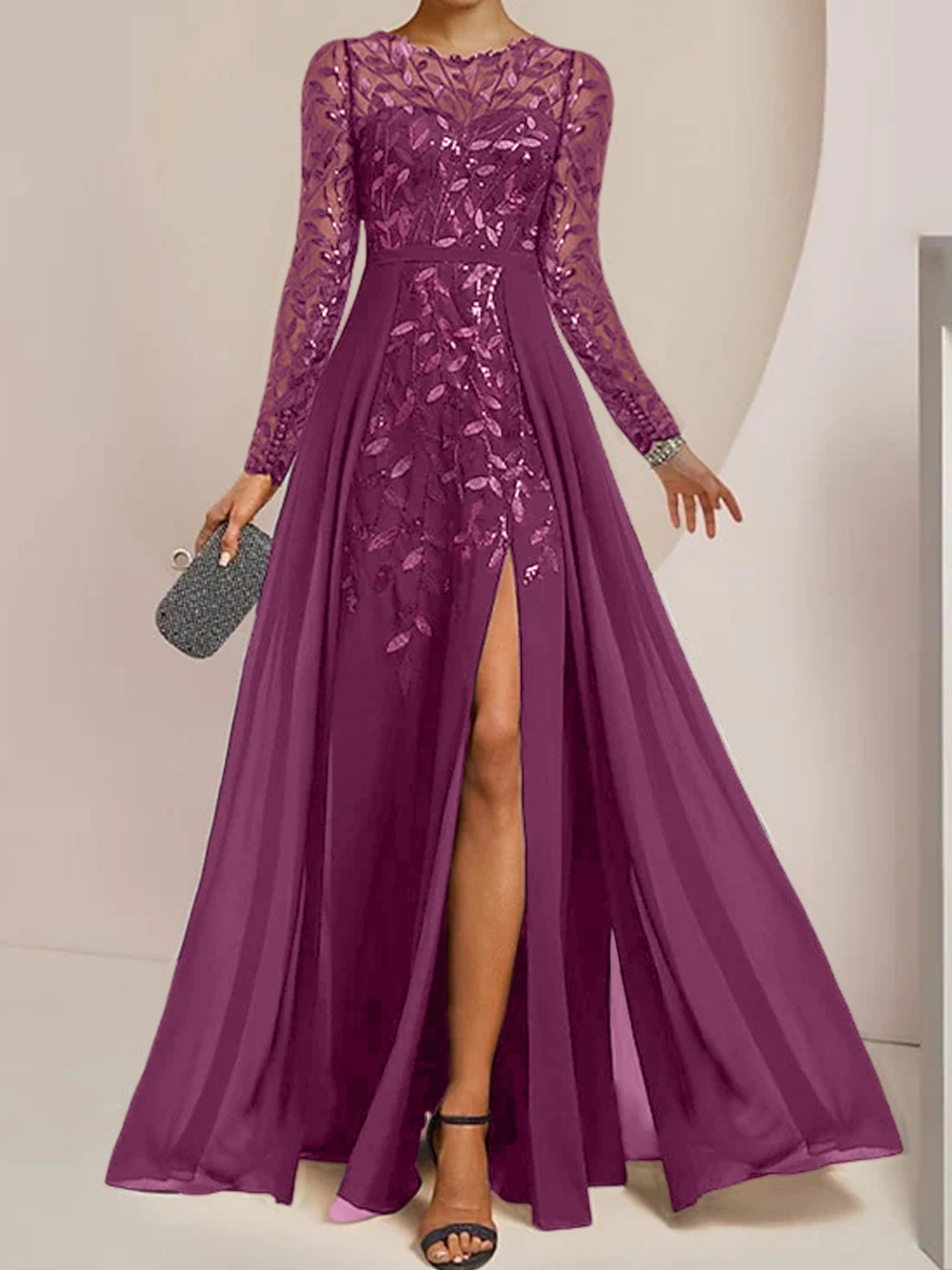 Vestidos de corte princesa/línea A para la madre de la novia, largos hasta el suelo, con abertura lateral, volantes y lentejuelas. 