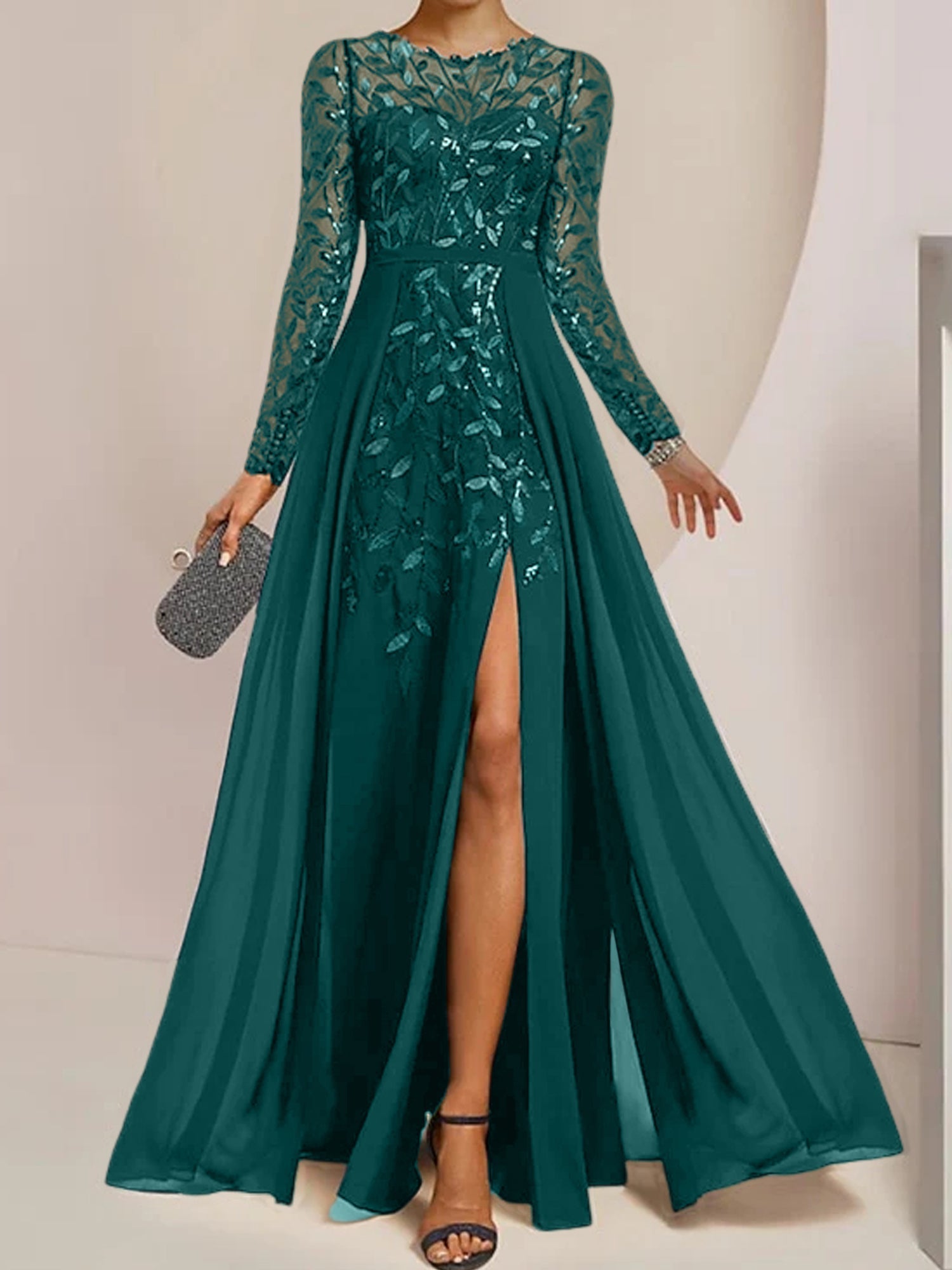 Vestidos de corte princesa/línea A para la madre de la novia, largos hasta el suelo, con abertura lateral, volantes y lentejuelas. 
