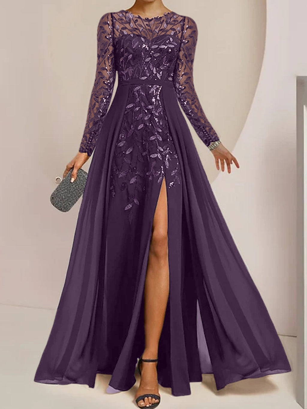 Vestidos de corte princesa/línea A para la madre de la novia, largos hasta el suelo, con abertura lateral, volantes y lentejuelas. 