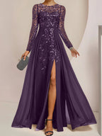 Vestidos de corte princesa/línea A para la madre de la novia, largos hasta el suelo, con abertura lateral, volantes y lentejuelas. 