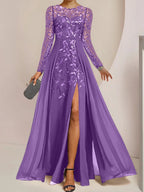 Vestidos de corte princesa/línea A para la madre de la novia, largos hasta el suelo, con abertura lateral, volantes y lentejuelas. 