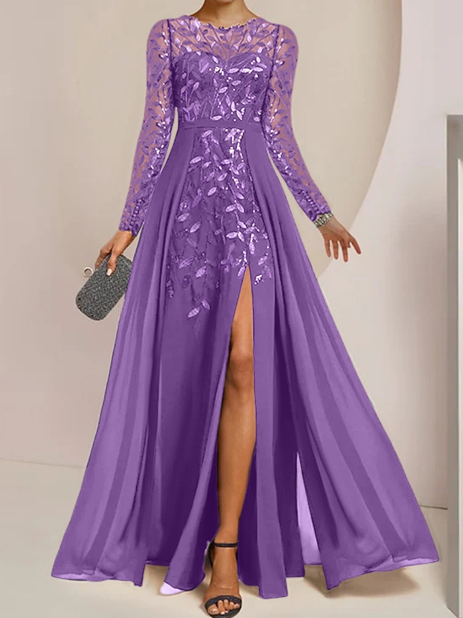 Vestidos de corte princesa/línea A para la madre de la novia, largos hasta el suelo, con abertura lateral, volantes y lentejuelas. 