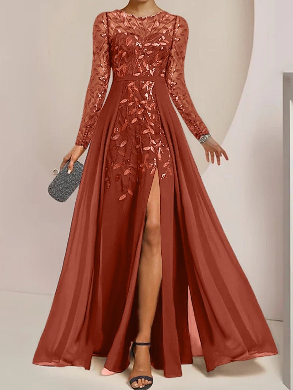 Vestidos de corte princesa/línea A para la madre de la novia, largos hasta el suelo, con abertura lateral, volantes y lentejuelas. 