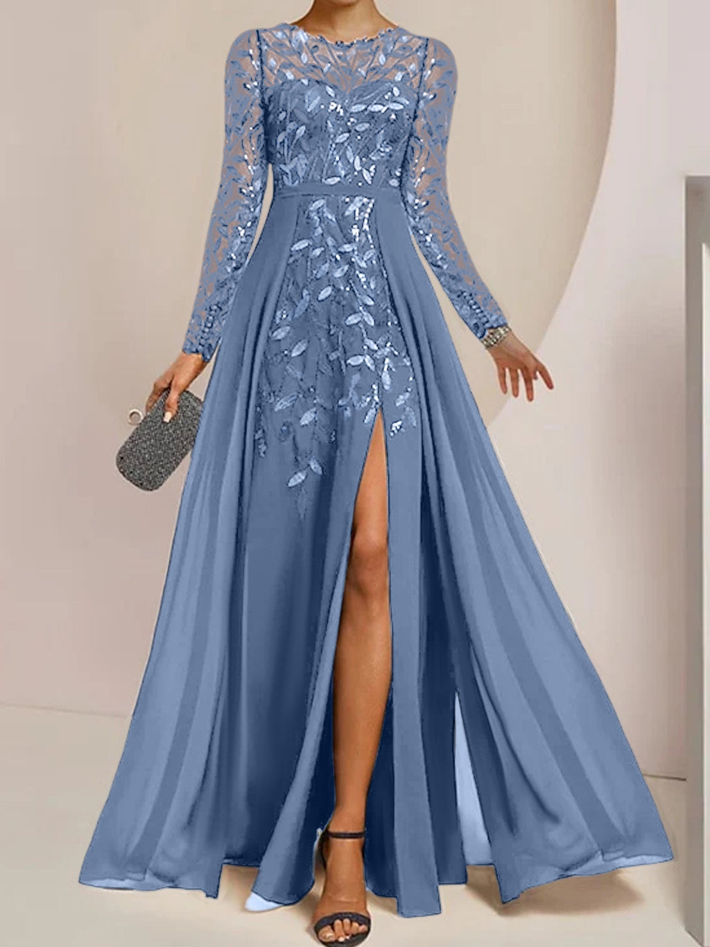 Vestidos de corte princesa/línea A para la madre de la novia, largos hasta el suelo, con abertura lateral, volantes y lentejuelas. 