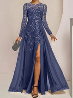 Vestidos de corte princesa/línea A para la madre de la novia, largos hasta el suelo, con abertura lateral, volantes y lentejuelas. 