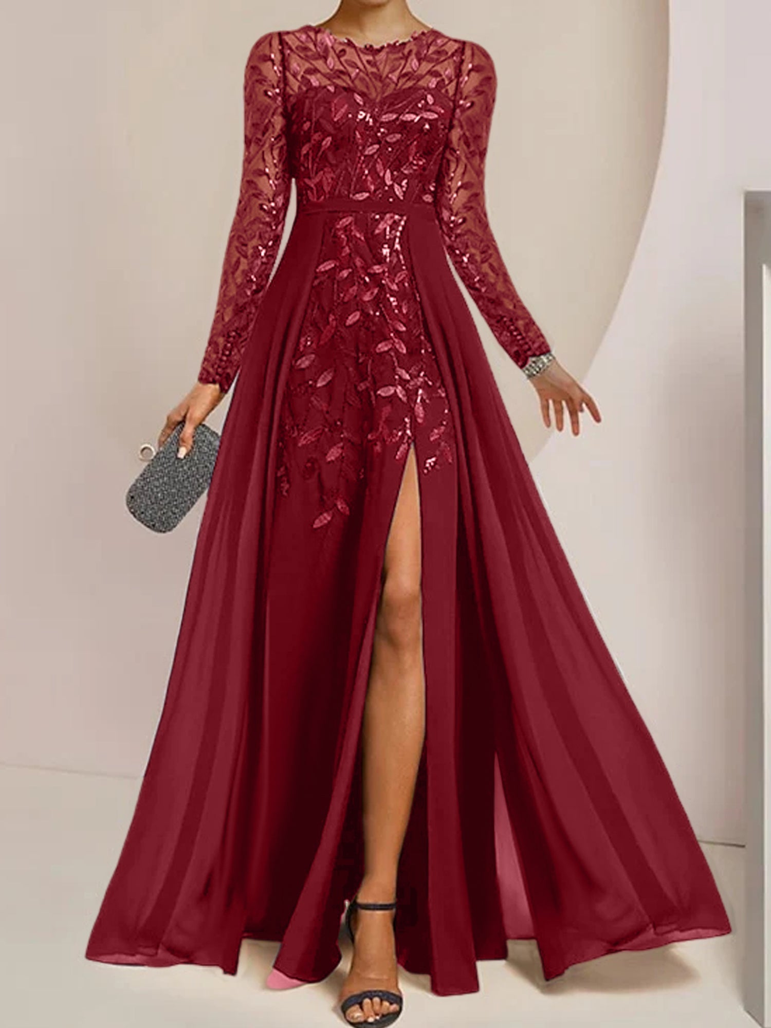 Vestidos de corte princesa/línea A para la madre de la novia, largos hasta el suelo, con abertura lateral, volantes y lentejuelas. 