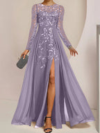 Vestidos de corte princesa/línea A para la madre de la novia, largos hasta el suelo, con abertura lateral, volantes y lentejuelas. 