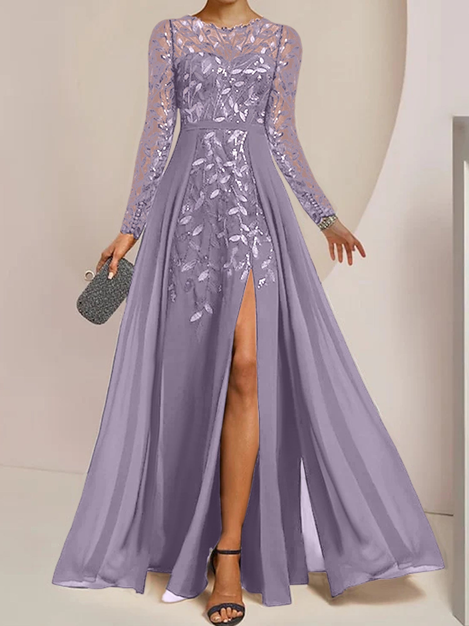 Vestidos de corte princesa/línea A para la madre de la novia, largos hasta el suelo, con abertura lateral, volantes y lentejuelas. 