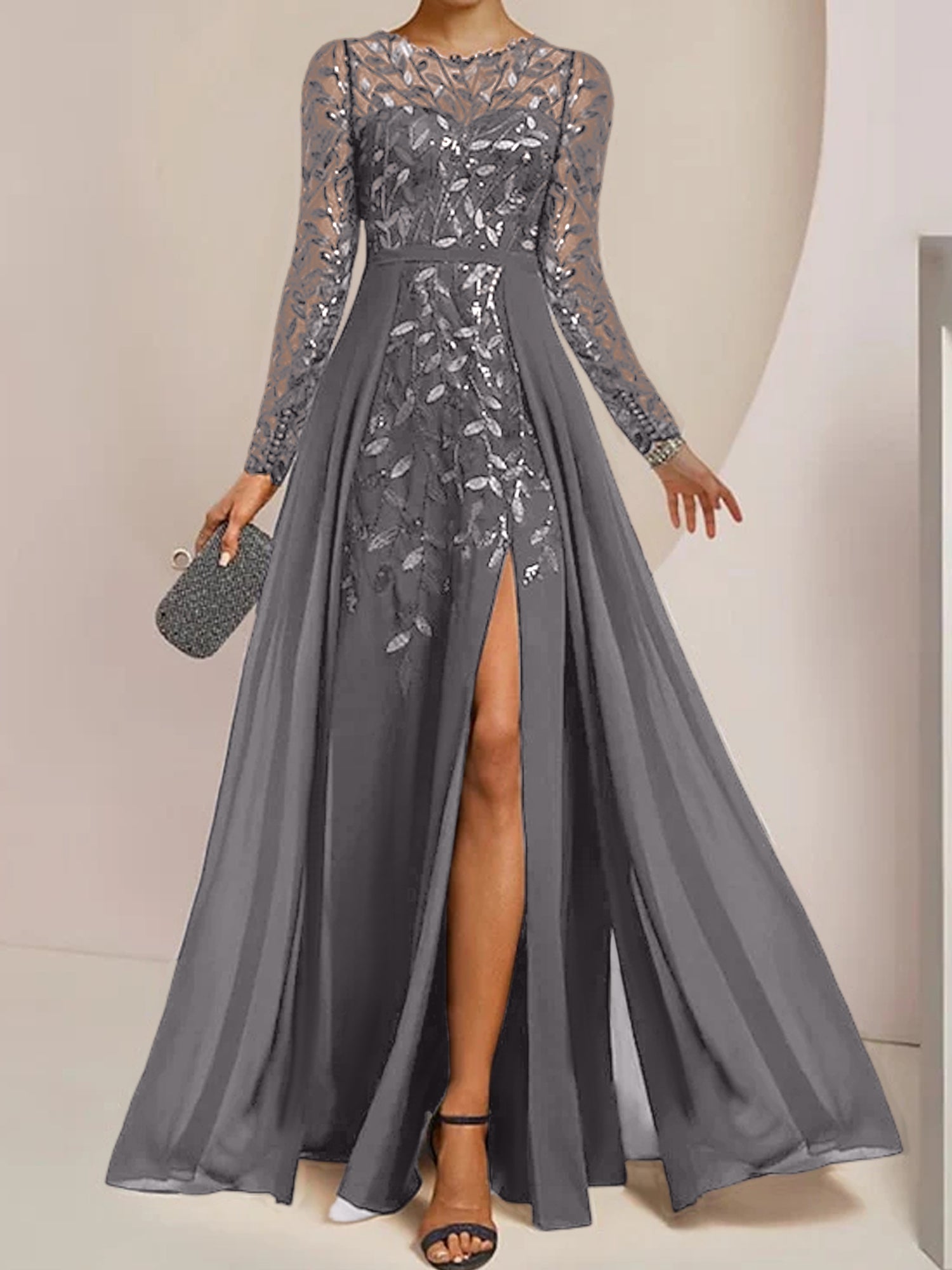Vestidos de corte princesa/línea A para la madre de la novia, largos hasta el suelo, con abertura lateral, volantes y lentejuelas. 
