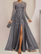 Vestidos de corte princesa/línea A para la madre de la novia, largos hasta el suelo, con abertura lateral, volantes y lentejuelas. 