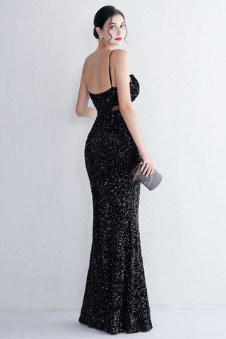 Vestido largo de fiesta negro con lentejuelas, estilo sirena, escote halter y abertura en forma de ojo de cerradura