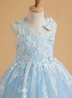 Vestido de princesa rosa para niñas con apliques de encaje 