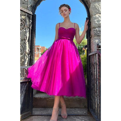 Robe de bal vintage à bretelles spaghetti et plis en tulle, longueur thé, douce 