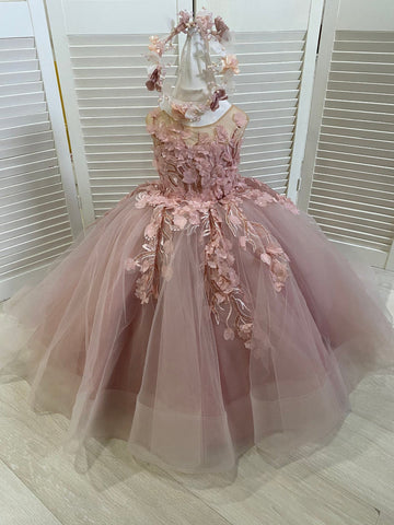 Precioso vestido de niña de las flores de corte princesa sin mangas con apliques