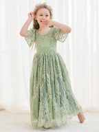 Vestido boho de niña de las flores color marfil, corte en A, de encaje y largo hasta el tobillo 