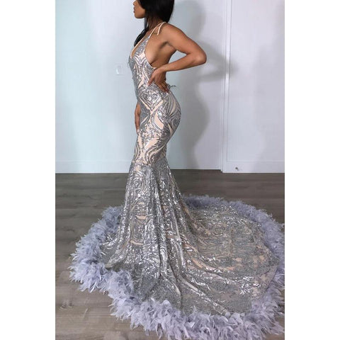V-Neck Halter Sequins Satin Feather Mermaid Long Prom Evening Dress