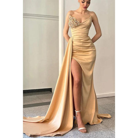 Robe de soirée longue sexy en satin à col en V et perles