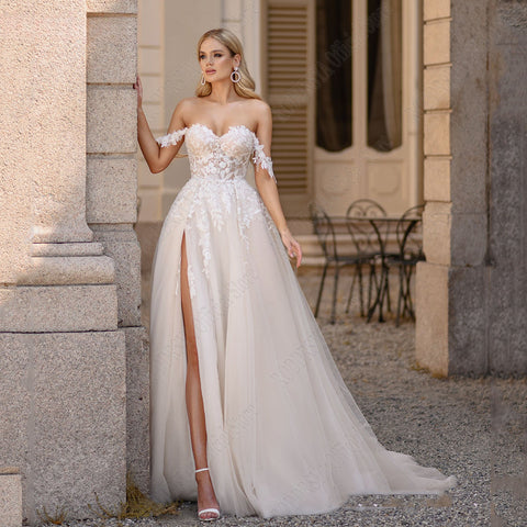 Light Champagne Pastrol Wedding Dresses Off Shoulder Sweetheart Bride Gowns Side Split A-Line Tulle Vestido De Novia