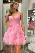 Vestido corto rosa único de corte A con tirantes finos y volantes para fiesta de bienvenida