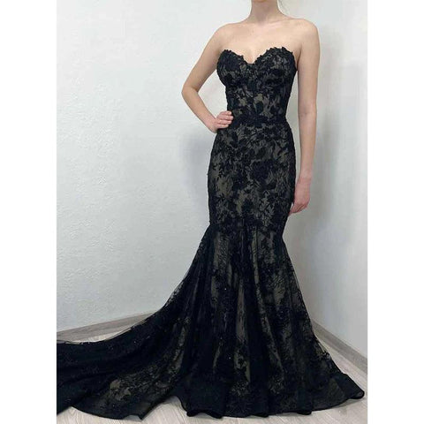 Robe de soirée noire sirène romantique en dentelle 