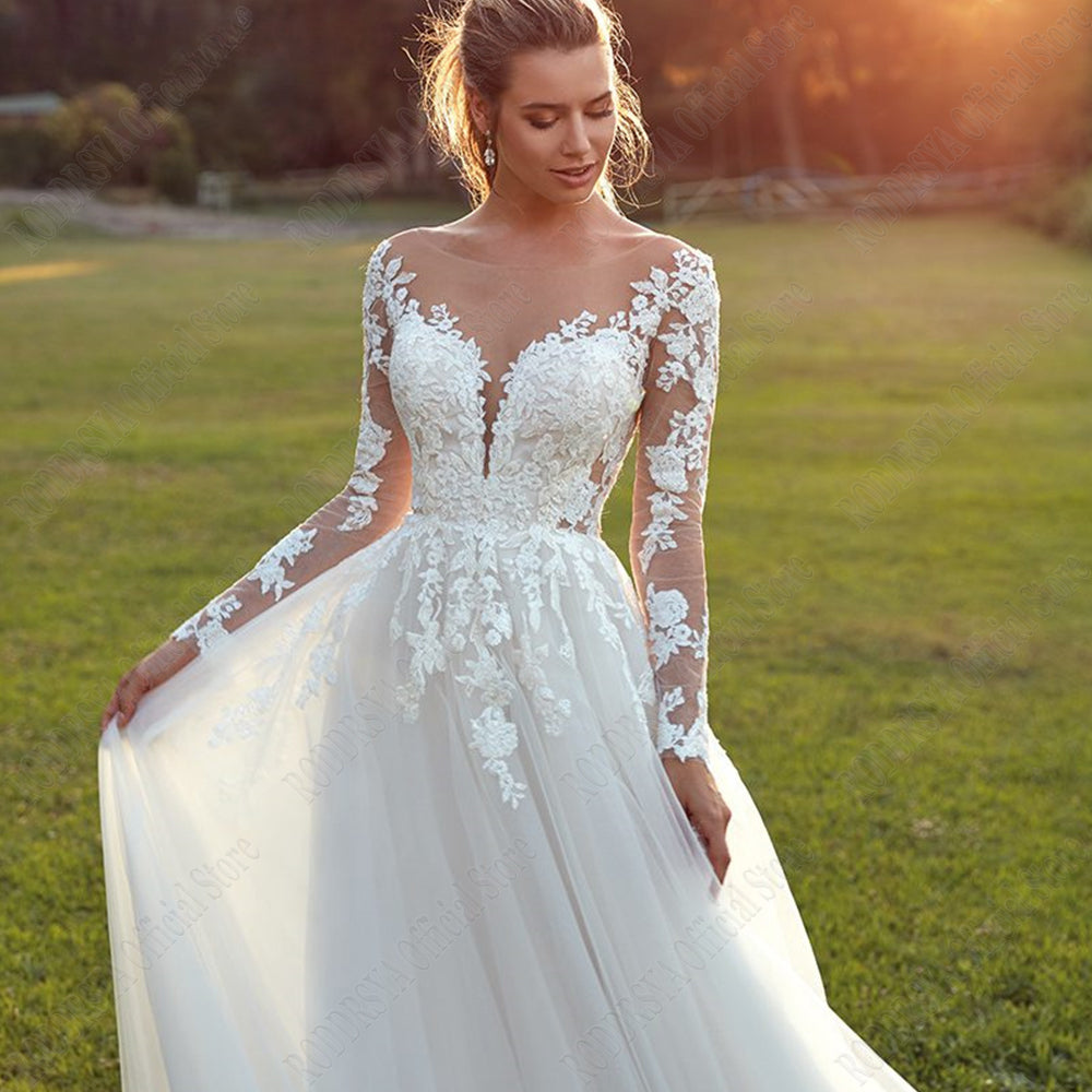 Robes de mariée Pastrol pour femme, manches longues, dos illusion, décolleté rond, appliques, coupe trapèze, tulle, vestidos de novia 