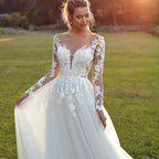 Robes de mariée Pastrol pour femme, manches longues, dos illusion, décolleté rond, appliques, coupe trapèze, tulle, vestidos de novia 