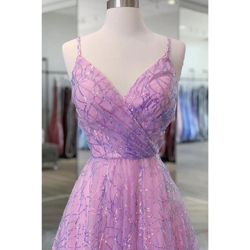 Vestido de fiesta morado con lentejuelas, encaje, escote en V y corte A con purpurina 