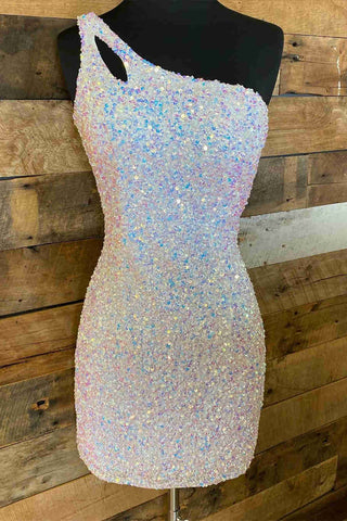 Sparkly Bodycon One Shoulder Sequins Short Homecoming Dress with Keyhole
