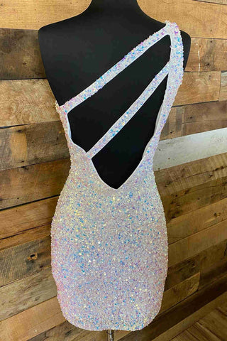 Sparkly Bodycon One Shoulder Sequins Short Homecoming Dress with Keyhole