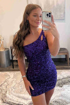 Sparkly Bodycon One Shoulder Sequins Short Homecoming Dress with Keyhole