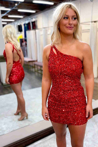 Sparkly Bodycon One Shoulder Sequins Short Homecoming Dress with Keyhole