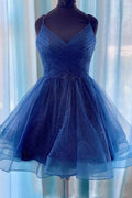 Vestidos cortos de fiesta con escote en V y corte en A brillantes, color azul marino. 