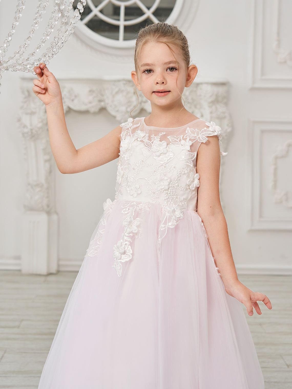 Vestido de niña de las flores de corte A, de tul y encaje hasta el suelo 
