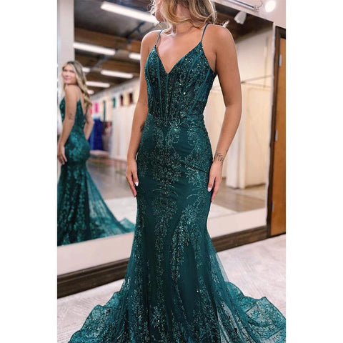 Robe de bal sirène longue et sexy à paillettes et col en V